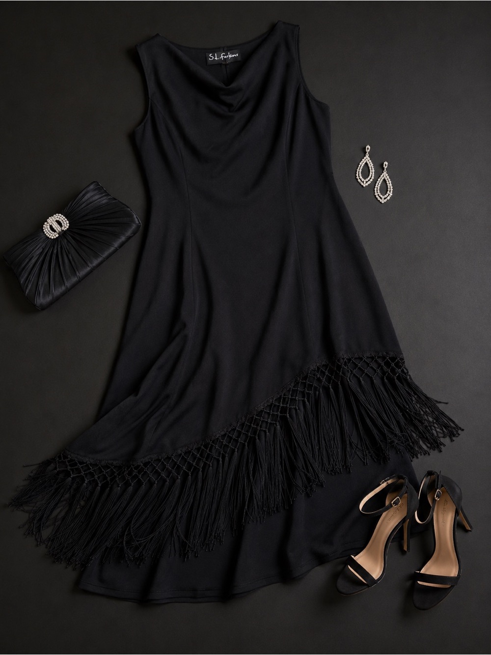 S.L. Fashions Black Fringe Hem Midi Dress Size 16 Cocktail Evening Chic